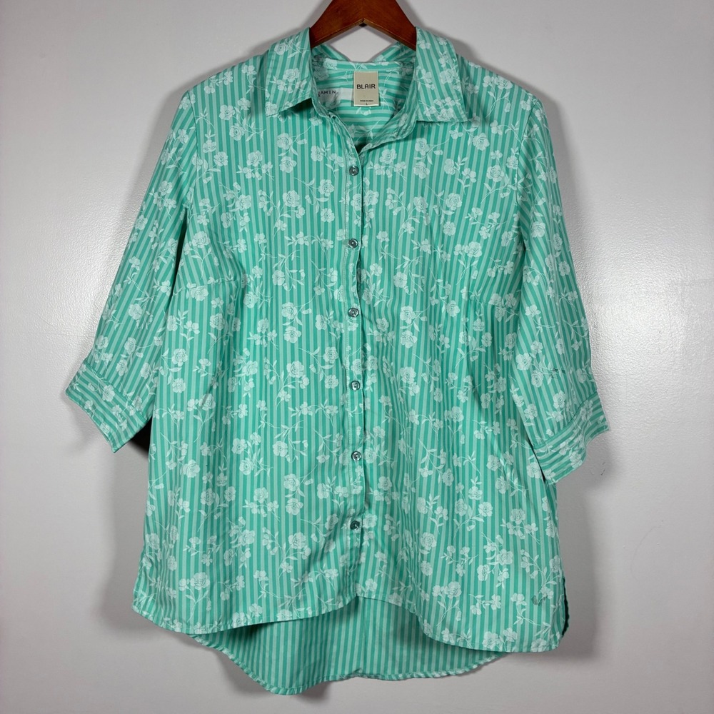 Blair Button Down Shirt L Mint Green Floral Striped Coastal Grandma Cottage